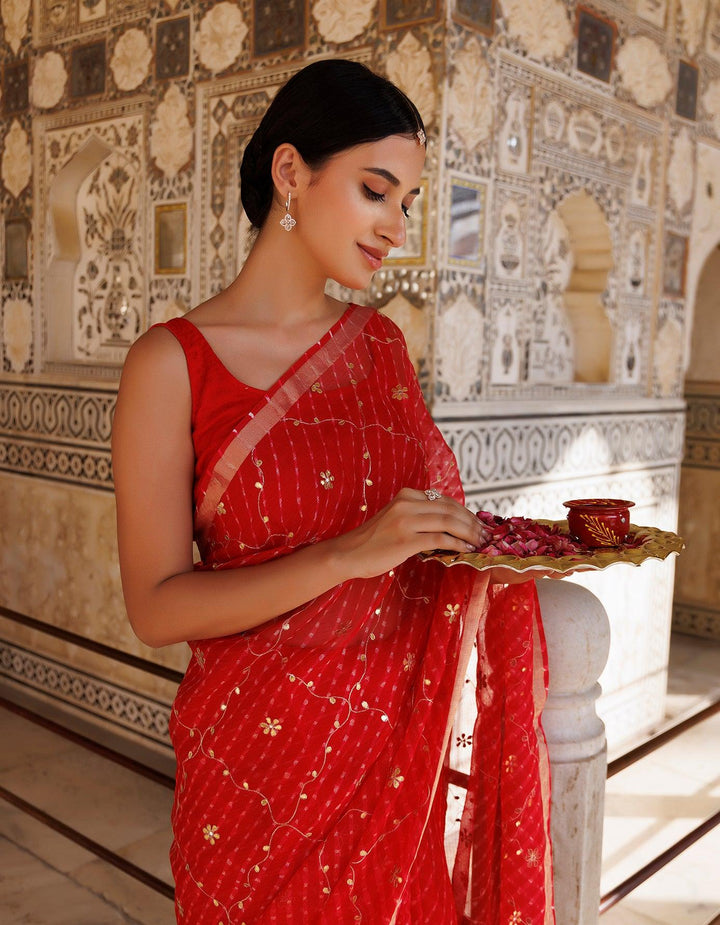 Red Hand Embroidered Gota Patti Pure Kota Silk Mothra Saree - Geroo Jaipur