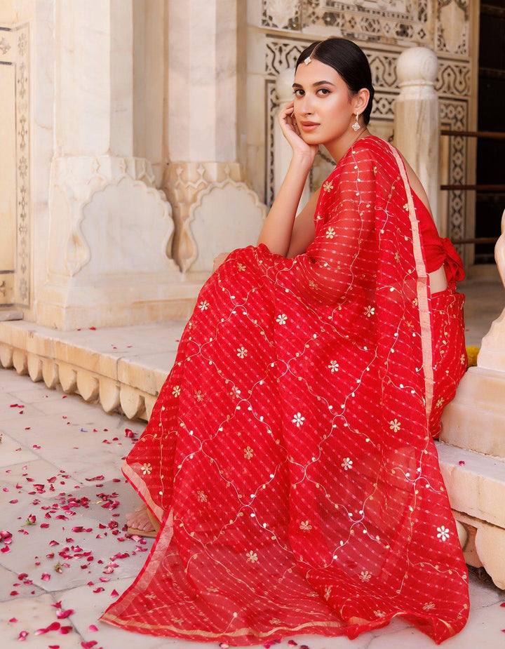 Red Hand Embroidered Gota Patti Pure Kota Silk Mothra Saree - Geroo Jaipur