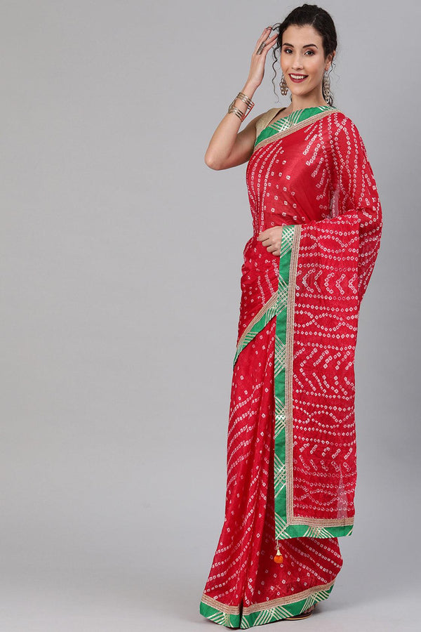 Red Handcrafted Bandhani Art Silk Saree - Geroo Jaipur