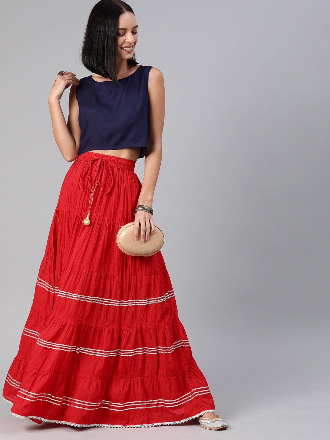 Red Handcrafted Cotton Skirt With Crop Top