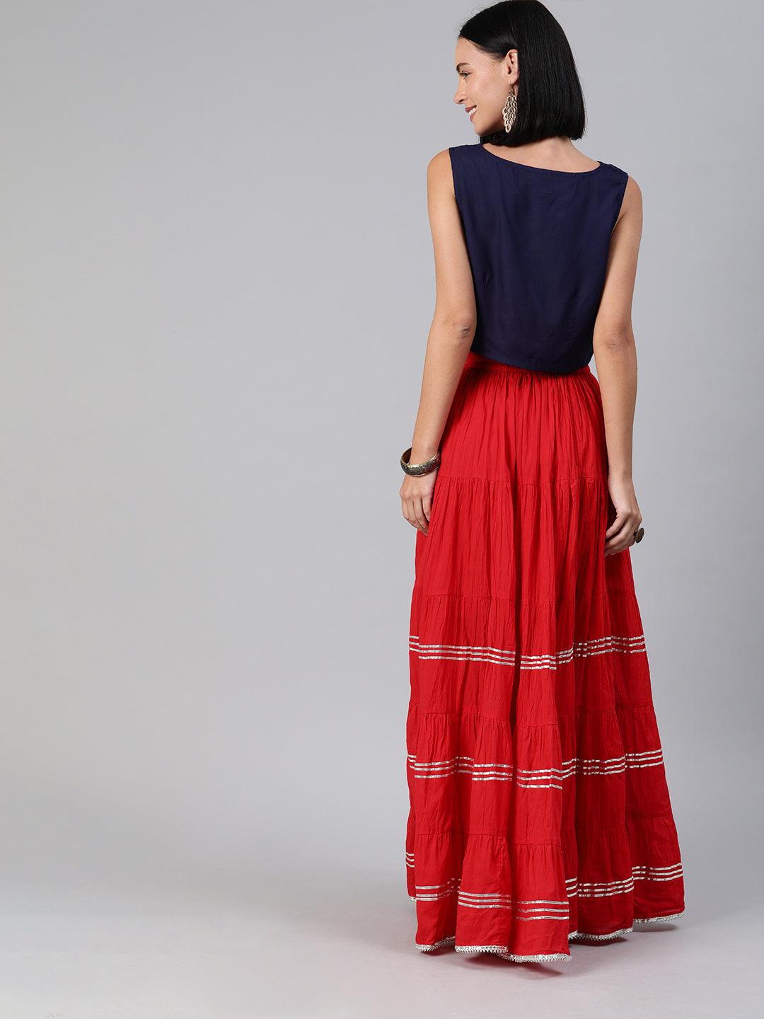 Red Handcrafted Cotton Skirt With Crop Top - Geroo Jaipur