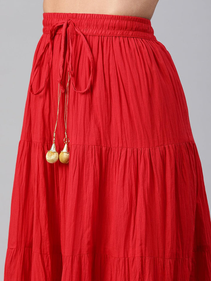 Red Handcrafted Cotton Skirt With Crop Top - Geroo Jaipur