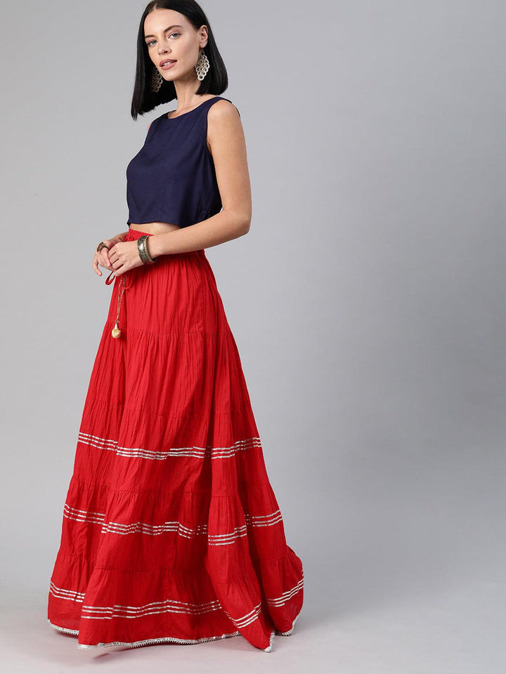 Red Handcrafted Cotton Skirt With Crop Top - Geroo Jaipur