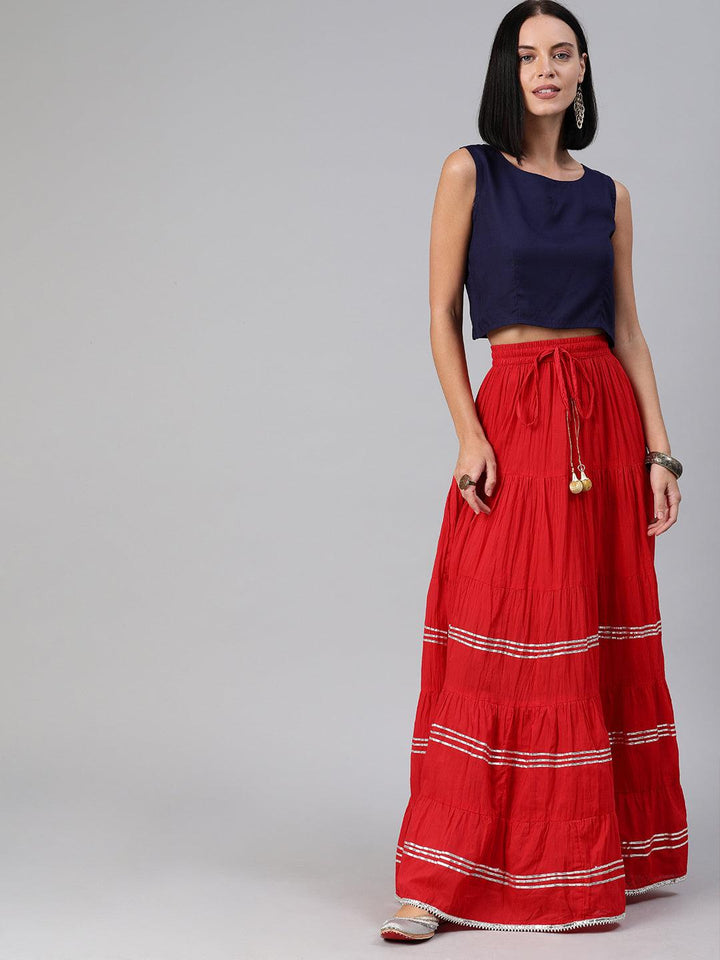 Red Handcrafted Cotton Skirt With Crop Top - Geroo Jaipur