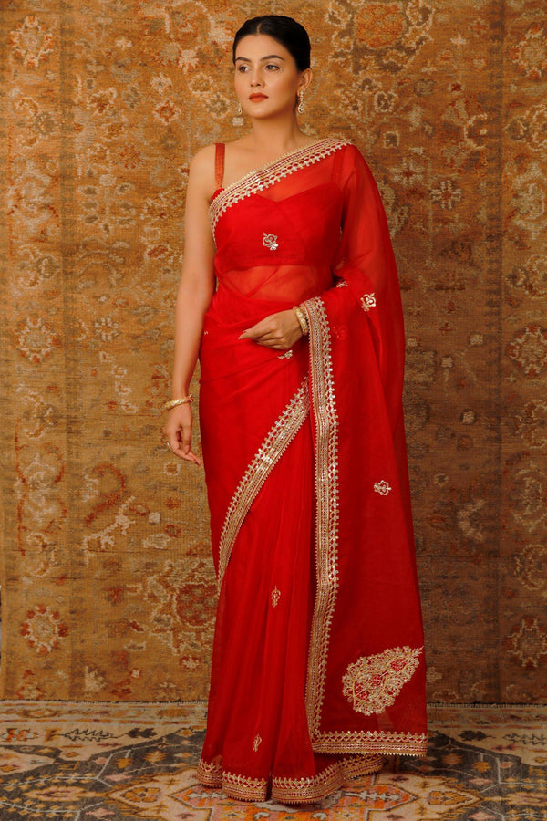 Red Handcrafted Embellished Gota Patti Organza Saree - Geroo Jaipur