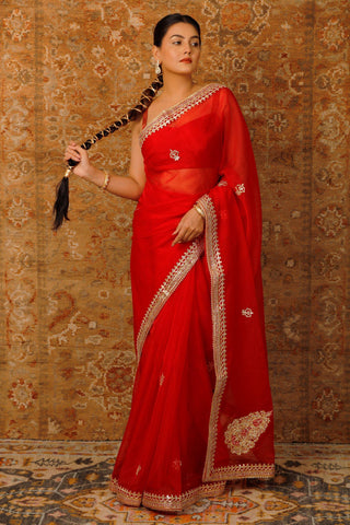 Red Handcrafted Embellished Gota Patti Organza Saree - Geroo Jaipur
