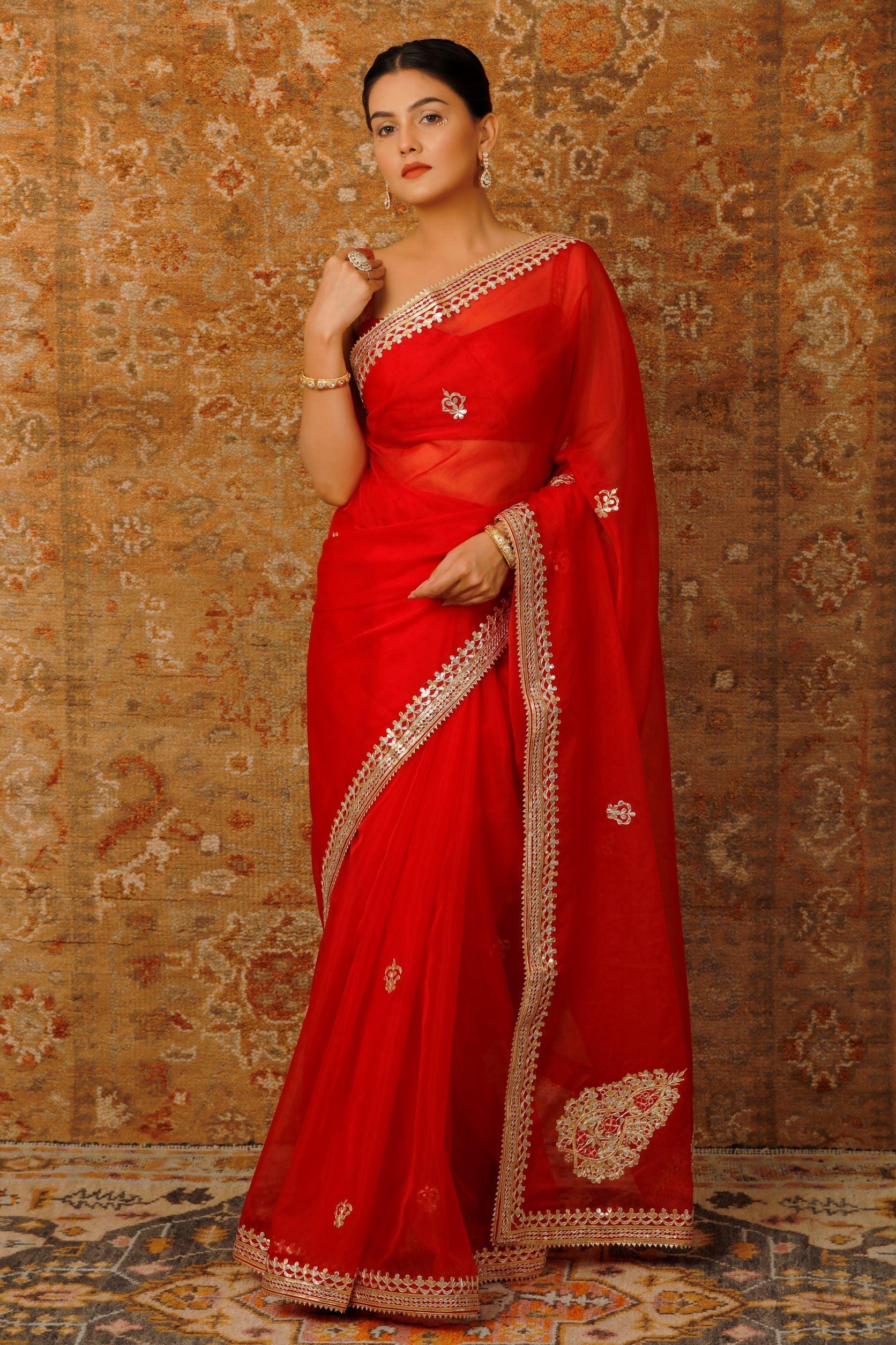 Buy Peeli Dori Red Chidiya Silk Organza Saree With Blouse for Women Online  @ Tata CLiQ Luxury