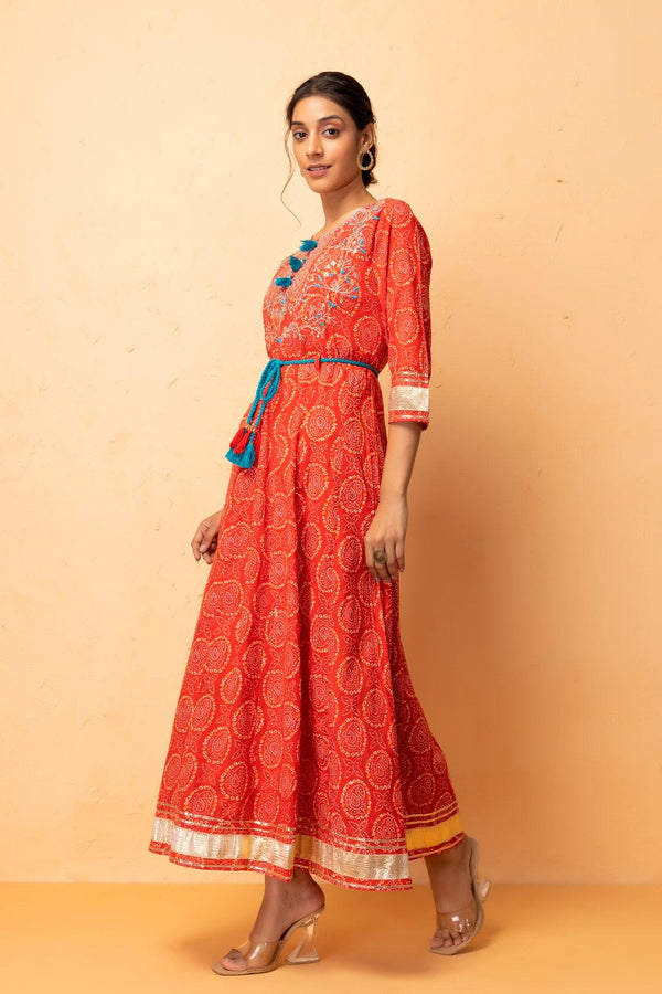 Red Handcrafted Gota Patti Bandhani Dress - Geroo Jaipur