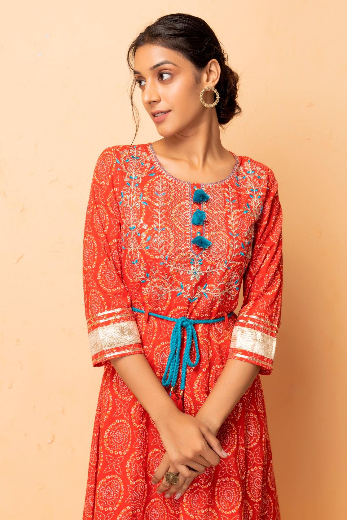 Handmade Bandhani Tiered Swing Dress - Mogra Designs | Combination dresses, Dress  neck designs, Beautiful pakistani dresses