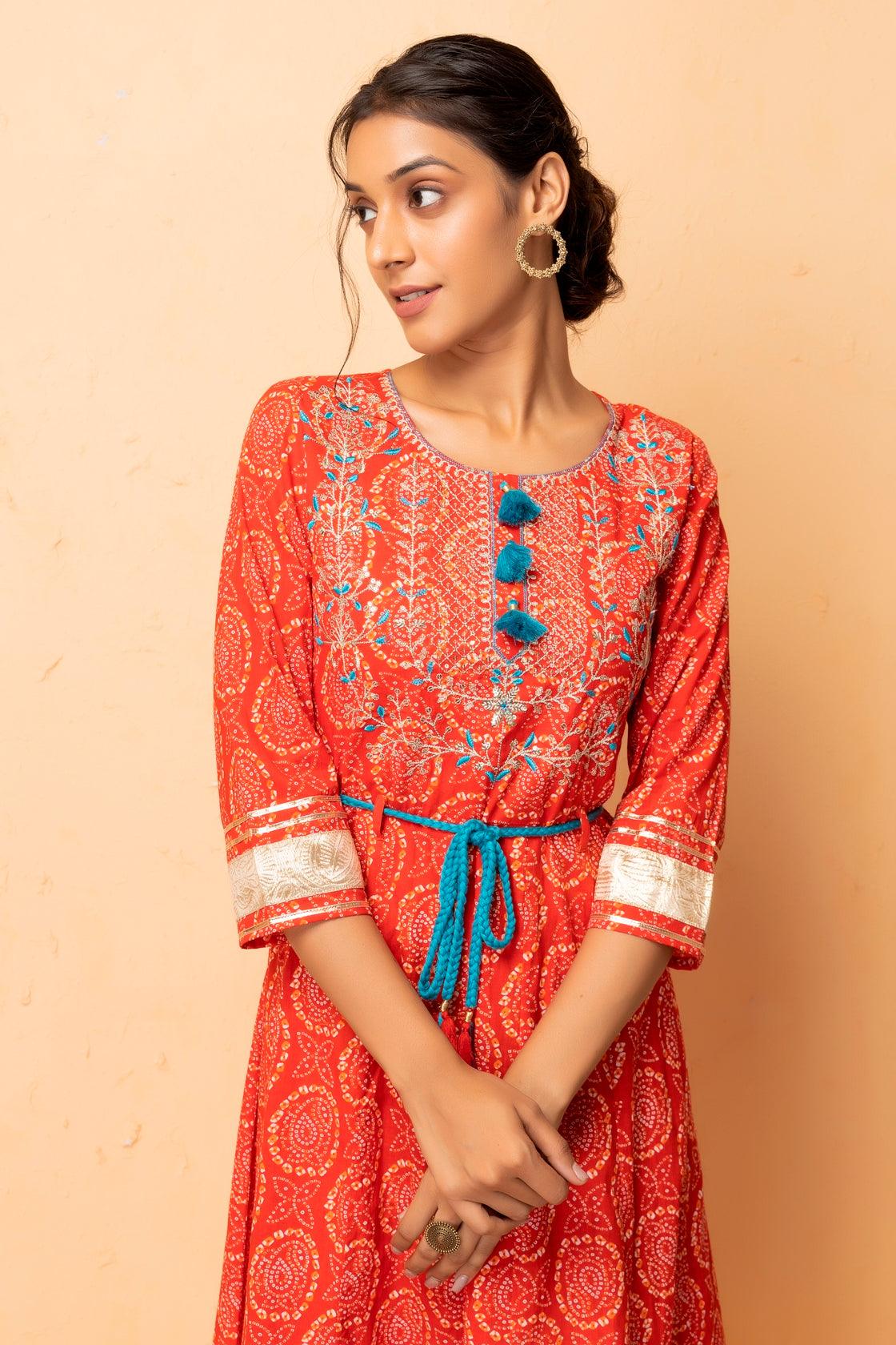 Red Handcrafted Gota Patti Bandhani Dress - Geroo Jaipur