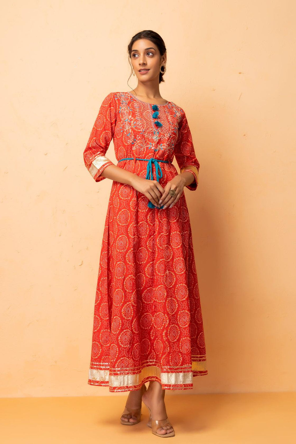 Red Handcrafted Gota Patti Bandhani Dress - Geroo Jaipur