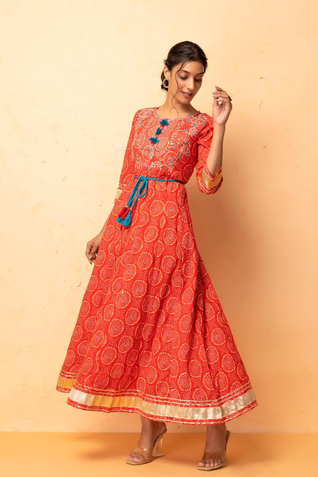 Red Handcrafted Gota Patti Bandhani Dress - Geroo Jaipur