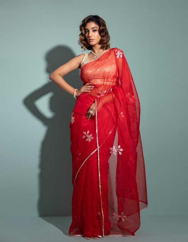 Red Handcrafted Gota Patti Organza Saree - Geroo Jaipur