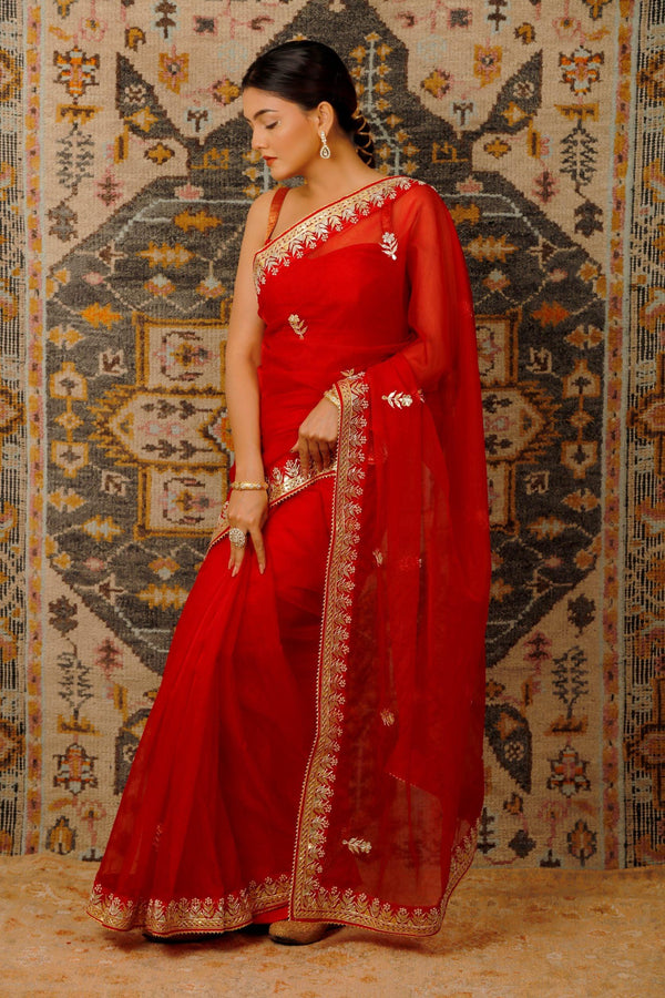 Red Handcrafted Gota Patti Organza Saree - Geroo Jaipur