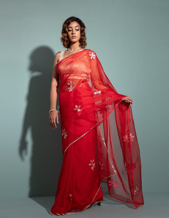 Red Handcrafted Gota Patti Organza Saree - Geroo Jaipur