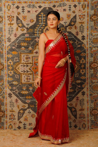 Red Handcrafted Gota Patti Organza Saree - Geroo Jaipur