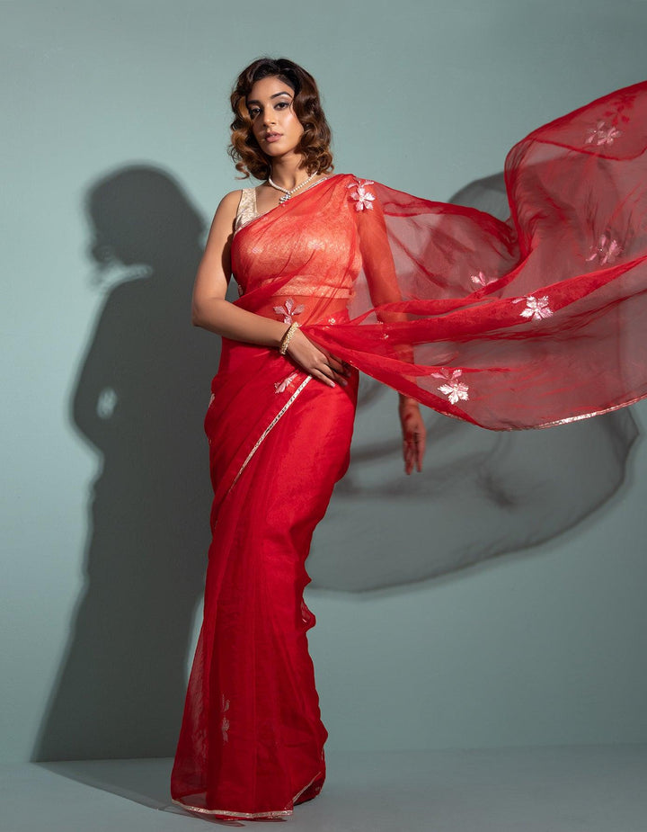 Red Handcrafted Gota Patti Organza Saree - Geroo Jaipur