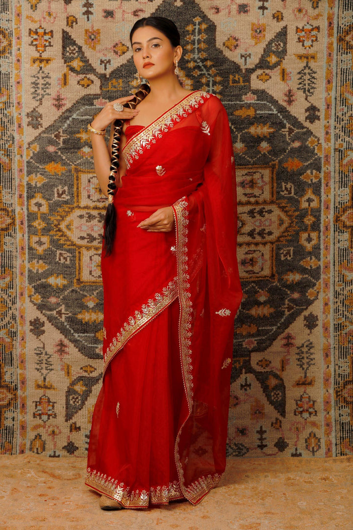 Red Handcrafted Gota Patti Organza Saree - Geroo Jaipur