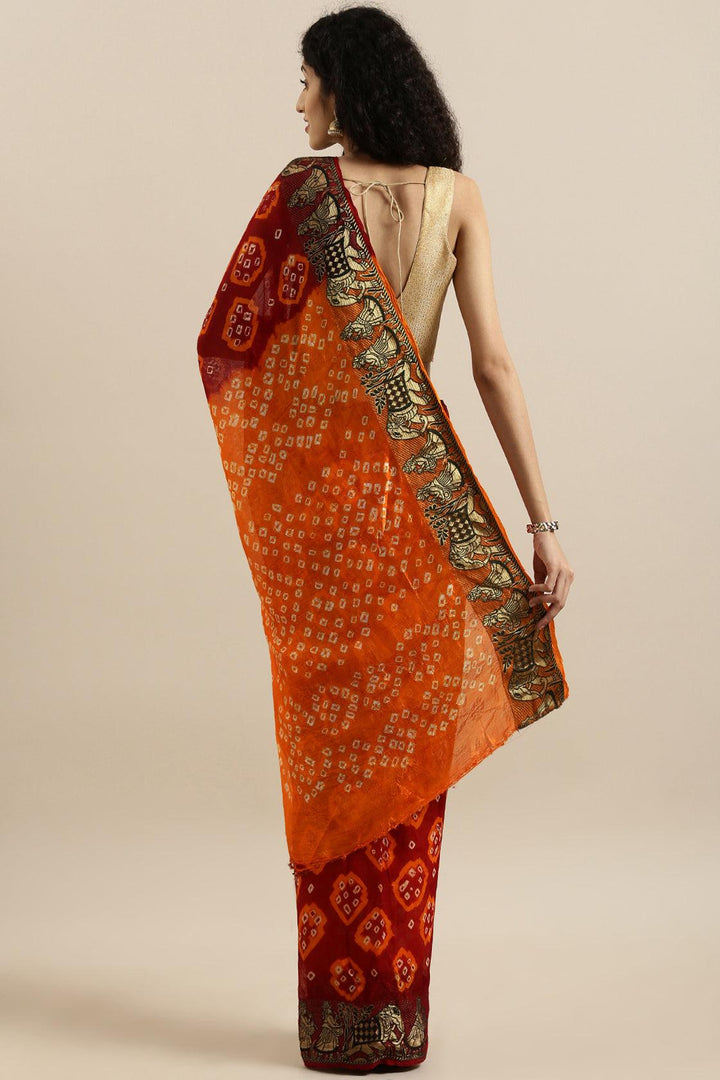 Red Handcrafted Jacquard Silk Bandhani Saree - Geroo Jaipur