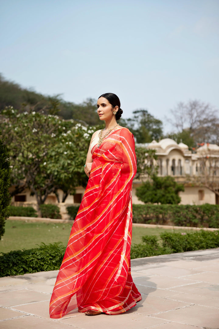 Red Orange Pure Kota Silk Hand Dyed Leheriya Saree - Geroo Jaipur