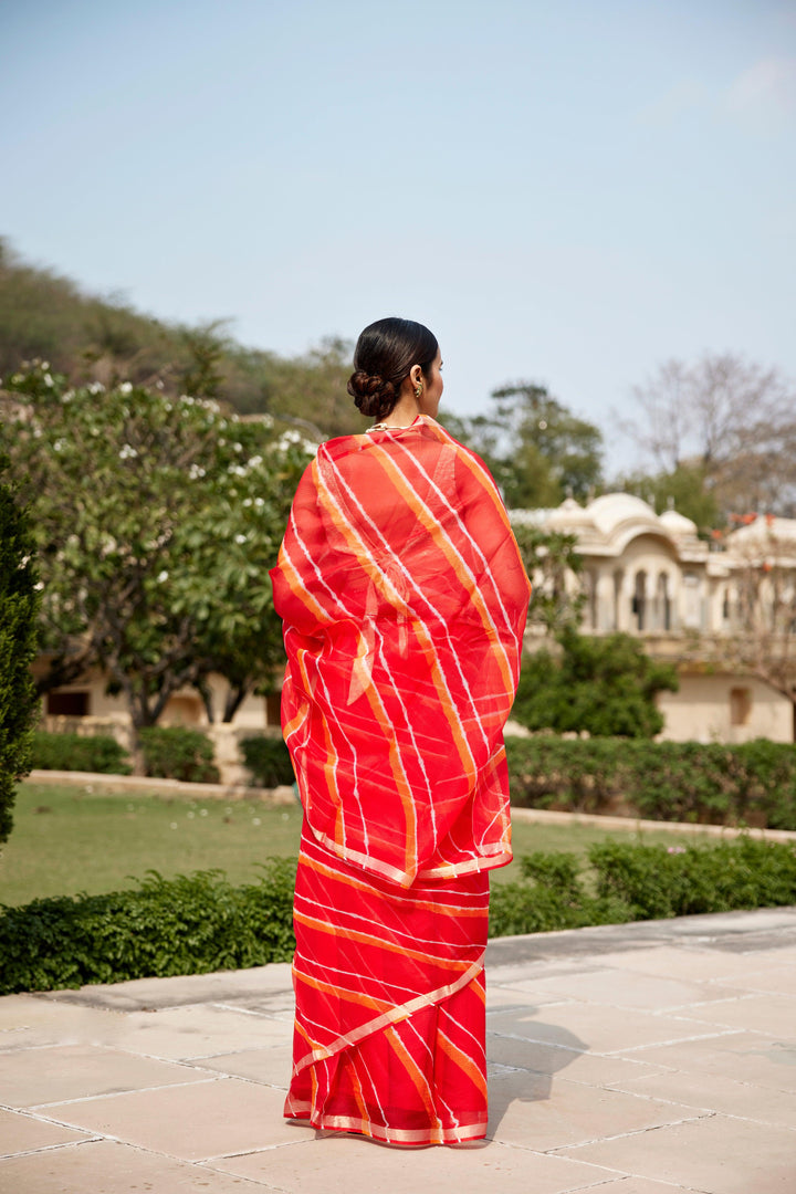 Red Orange Pure Kota Silk Hand Dyed Leheriya Saree - Geroo Jaipur