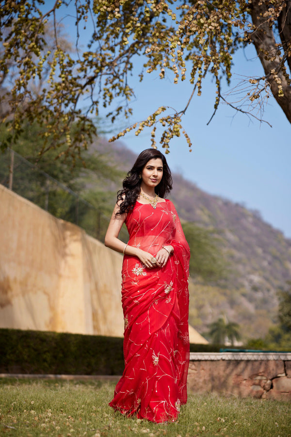 Red-Orange Shaded Hand Embroidered Jaal Chiffon Saree - Geroo Jaipur