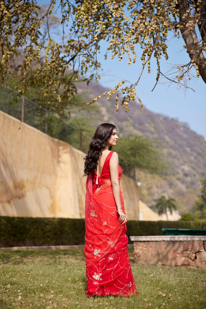 Red-Orange Shaded Hand Embroidered Jaal Chiffon Saree - Geroo Jaipur