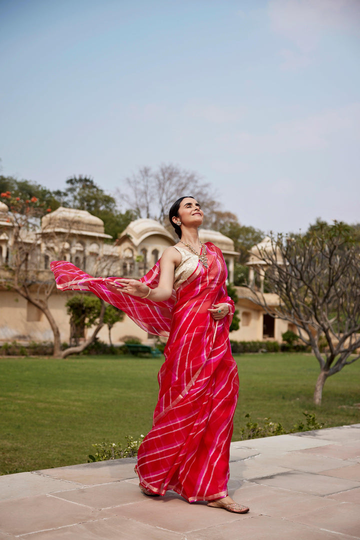 Red Pink Pure Kota Silk Hand Dyed Leheriya Saree - Geroo Jaipur