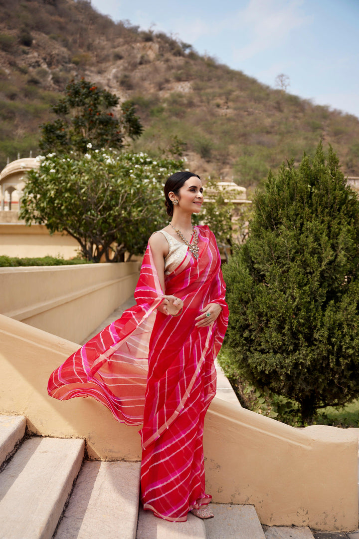 Red Pink Pure Kota Silk Hand Dyed Leheriya Saree - Geroo Jaipur