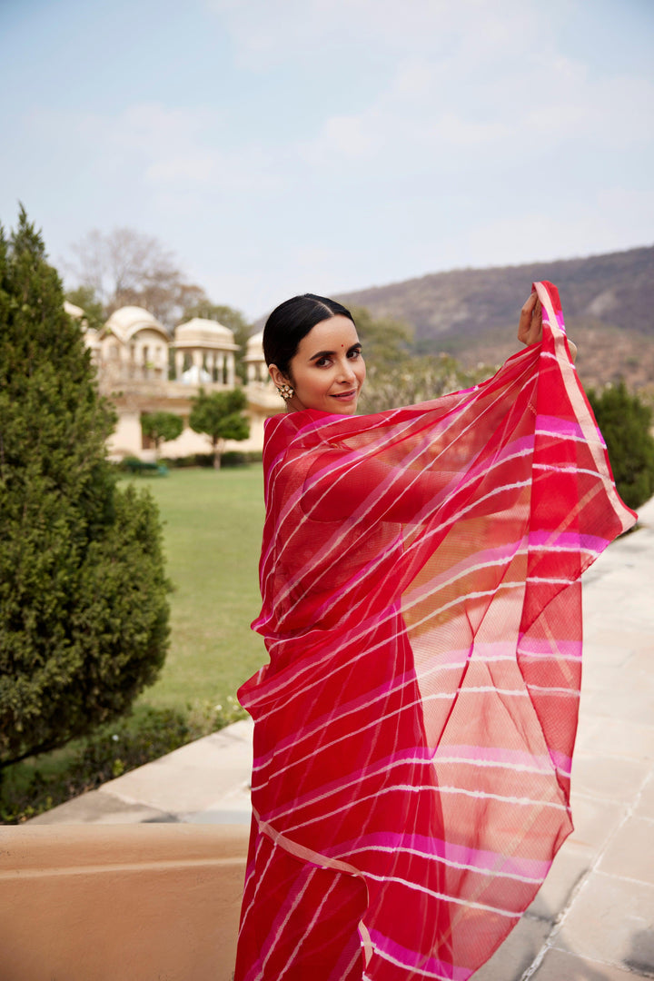 Red Pink Pure Kota Silk Hand Dyed Leheriya Saree - Geroo Jaipur