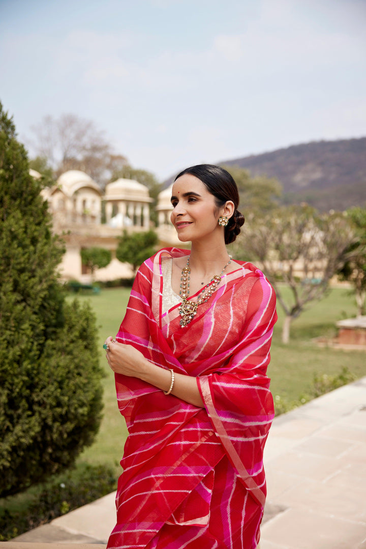 Red Pink Pure Kota Silk Hand Dyed Leheriya Saree - Geroo Jaipur