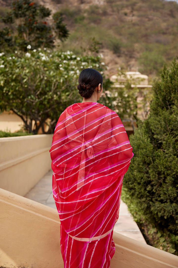 Red Pink Pure Kota Silk Hand Dyed Leheriya Saree - Geroo Jaipur