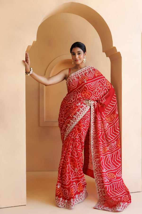 Red Pure Georgette Hand Embroidered Gota Patti Bandhani Saree - Geroo Jaipur