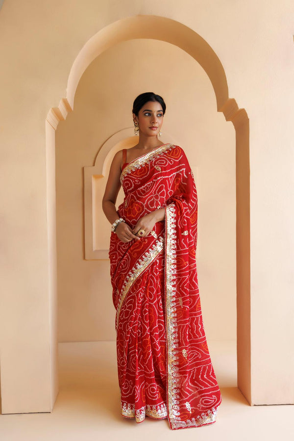 Red Pure Georgette Hand Embroidered Gota Patti Bandhani Saree - Geroo Jaipur