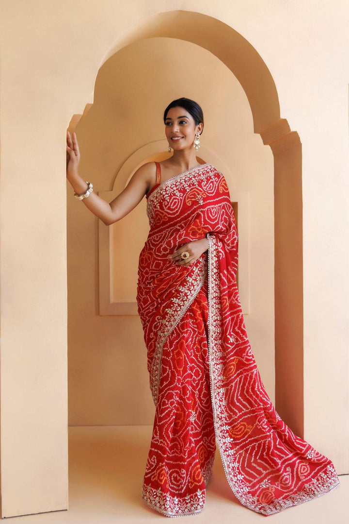 Red Pure Georgette Hand Embroidered Gota Patti Bandhani Saree - Geroo Jaipur