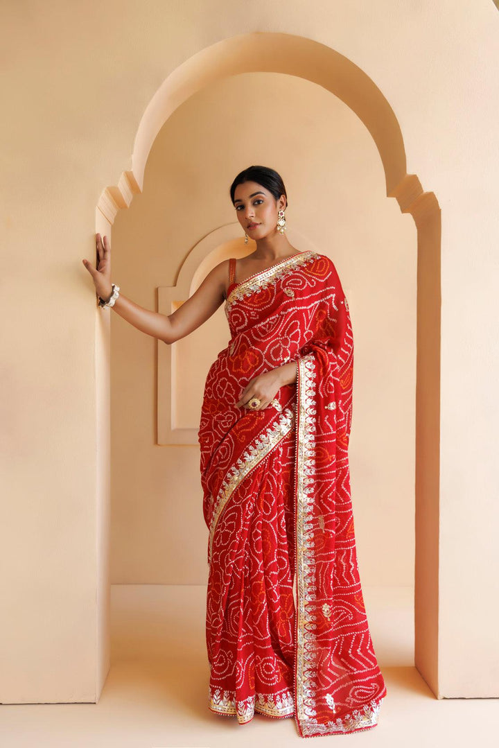 Red Pure Georgette Hand Embroidered Gota Patti Bandhani Saree - Geroo Jaipur