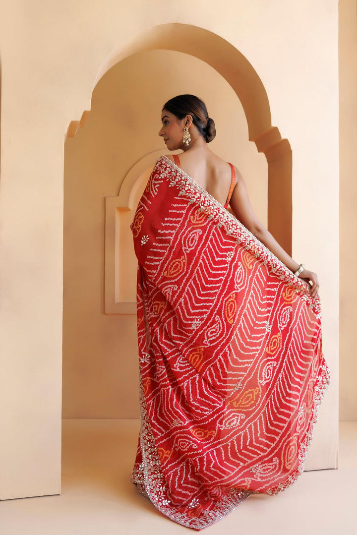 Red Pure Georgette Hand Embroidered Gota Patti Bandhani Saree - Geroo Jaipur