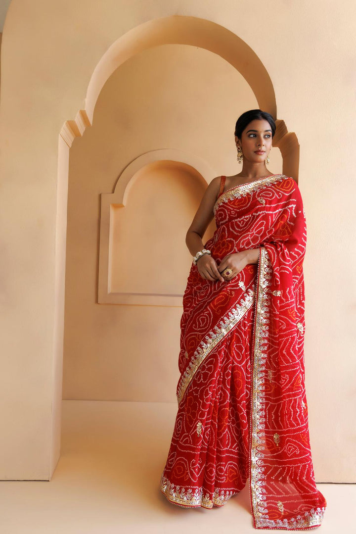 Red Pure Georgette Hand Embroidered Gota Patti Bandhani Saree - Geroo Jaipur