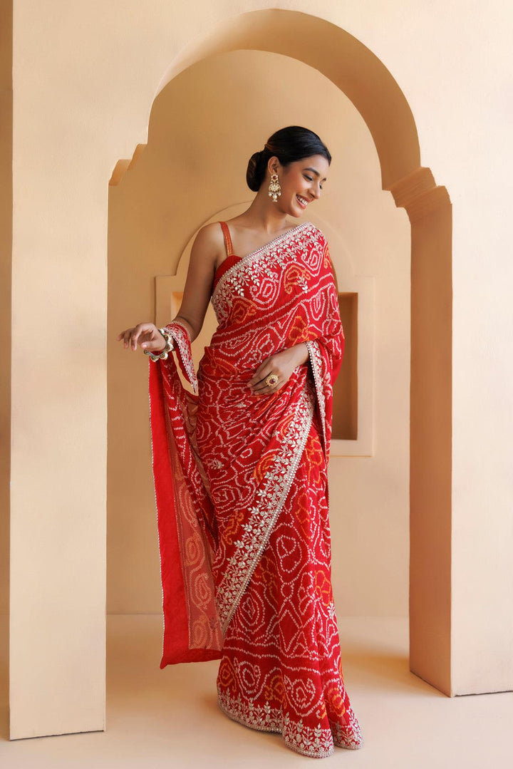 Red Pure Georgette Hand Embroidered Gota Patti Bandhani Saree - Geroo Jaipur