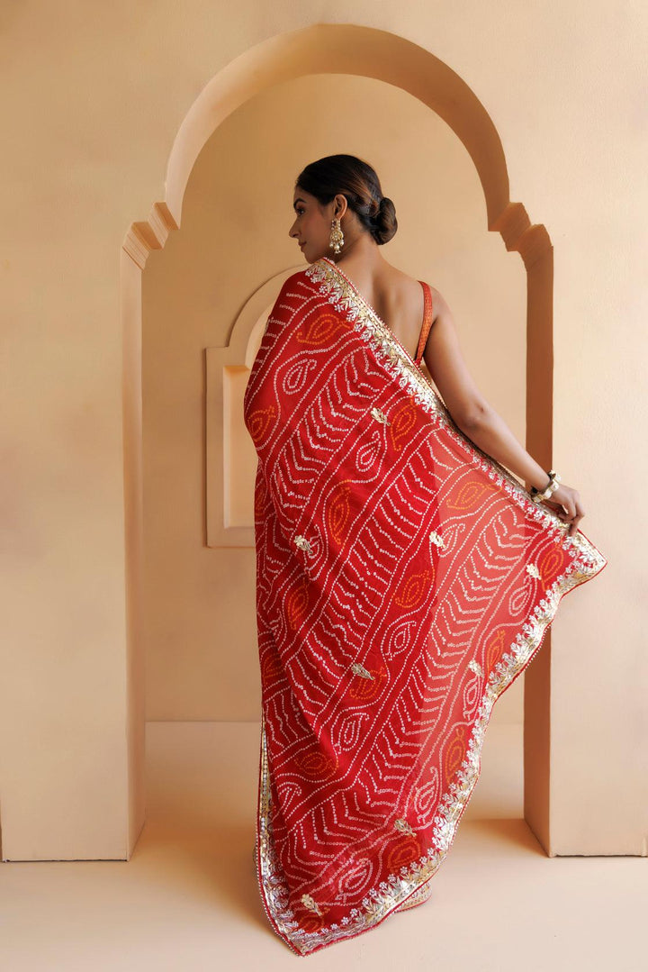 Red Pure Georgette Hand Embroidered Gota Patti Bandhani Saree - Geroo Jaipur