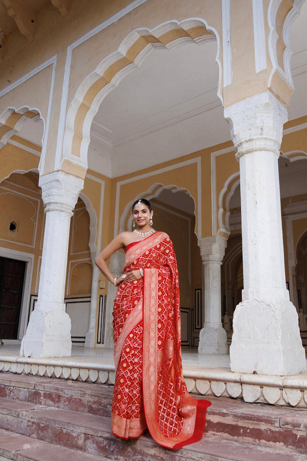 Red pure georgette hand woven gharchola bandhani saree - Geroo Jaipur