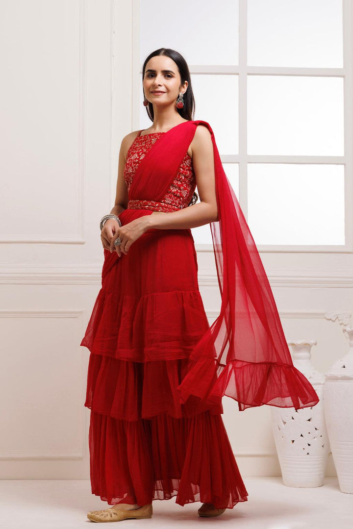 Red Ready To Wear Ruffled Chiffon Saree with Stitched Blouse - Geroo Jaipur