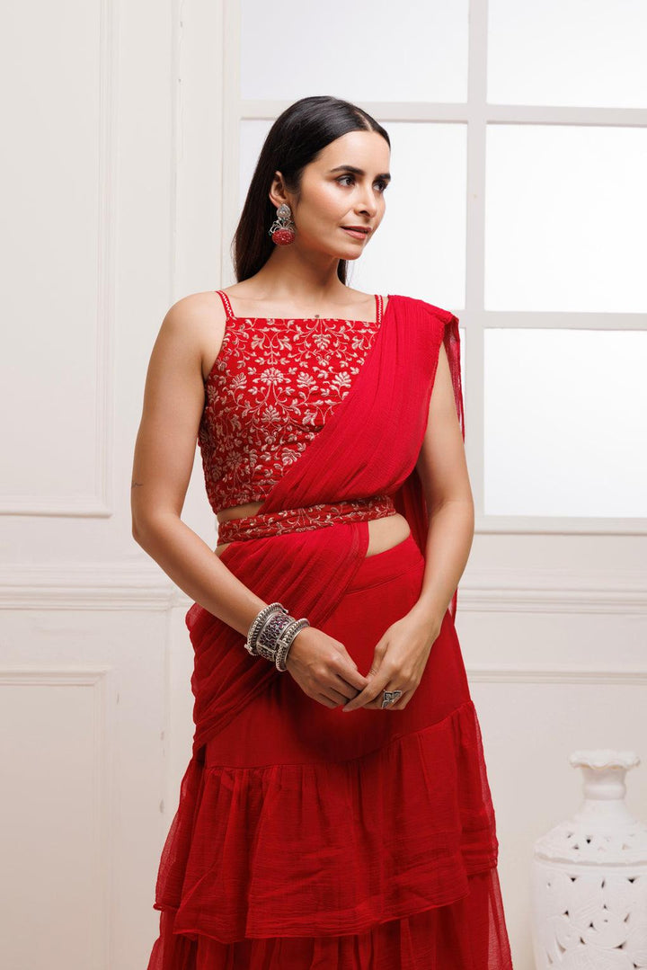 Red Ready To Wear Ruffled Chiffon Saree with Stitched Blouse - Geroo Jaipur