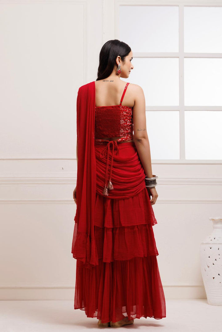 Red Ready To Wear Ruffled Chiffon Saree with Stitched Blouse - Geroo Jaipur