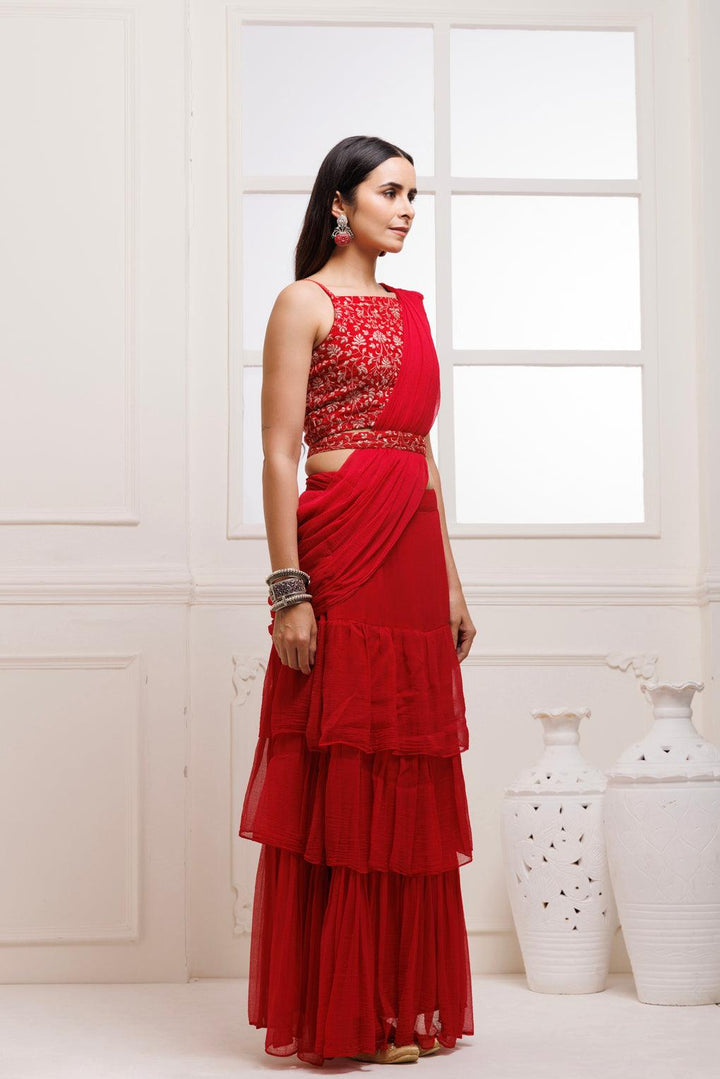 Red Ready To Wear Ruffled Chiffon Saree with Stitched Blouse - Geroo Jaipur