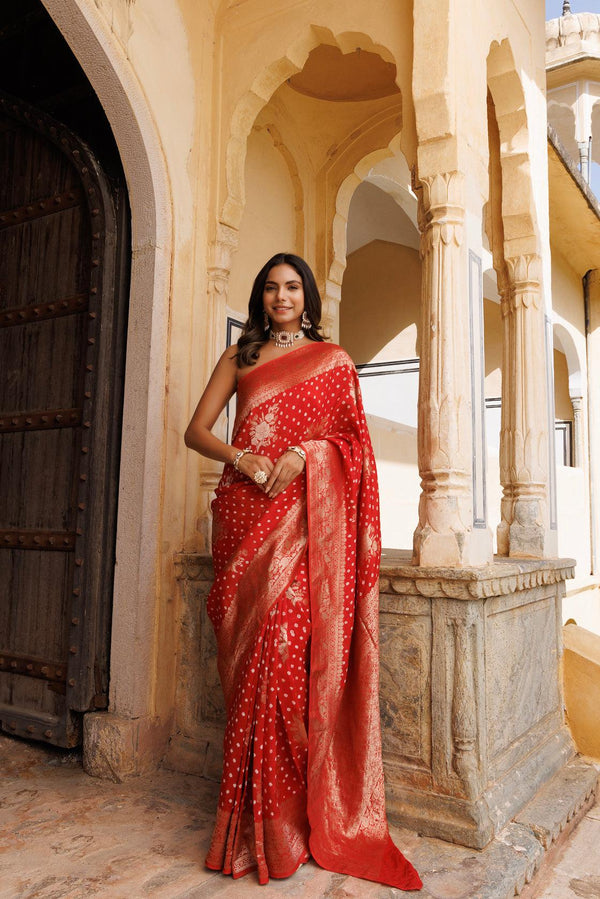 Red silk banarasi bandhani saree - Geroo Jaipur