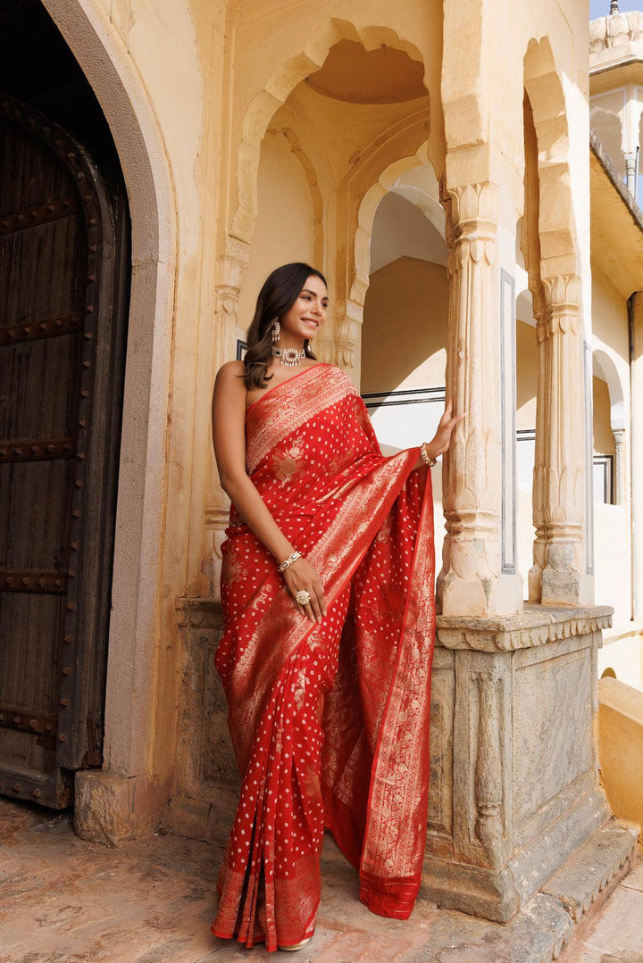 Red silk banarasi bandhani saree - Geroo Jaipur