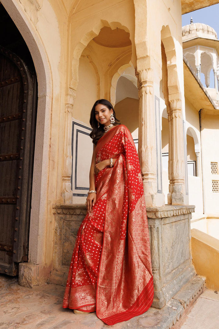 Red silk banarasi bandhani saree - Geroo Jaipur