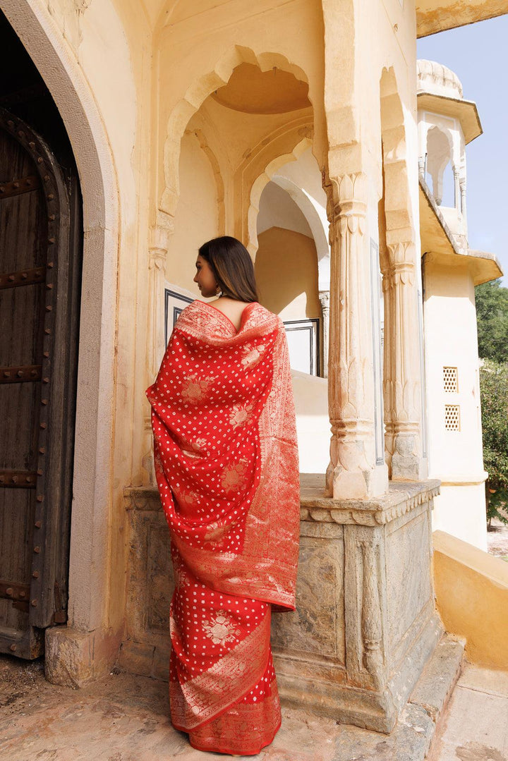 Red silk banarasi bandhani saree - Geroo Jaipur