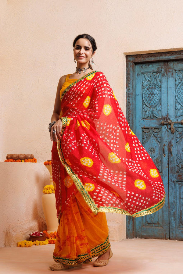 Red-Yellow Bandhani Pre-Drapped Silk Saree - Geroo Jaipur